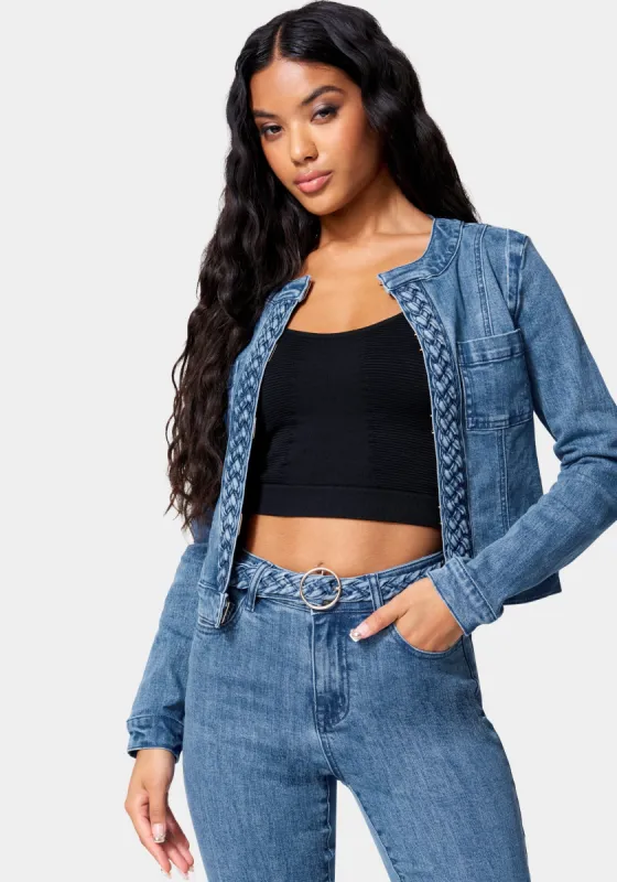 Braided Trim Denim Jacket sold by Bebe