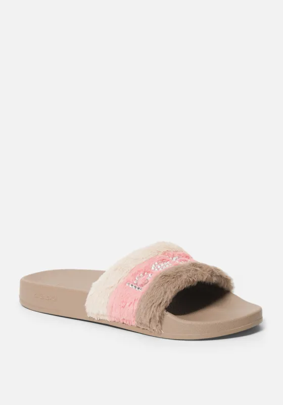 Fantasia Faux Fur Slides sold by Bebe