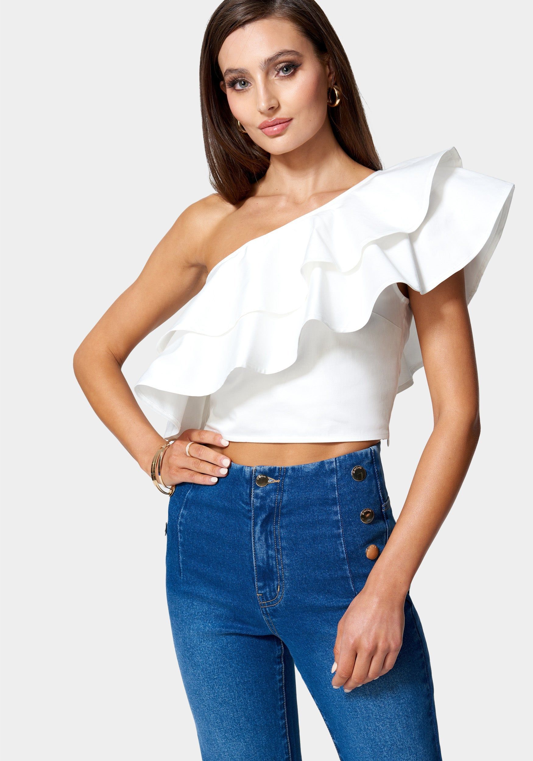 Poplin One Shoulder Ruffle Neck Top sold by Bebe