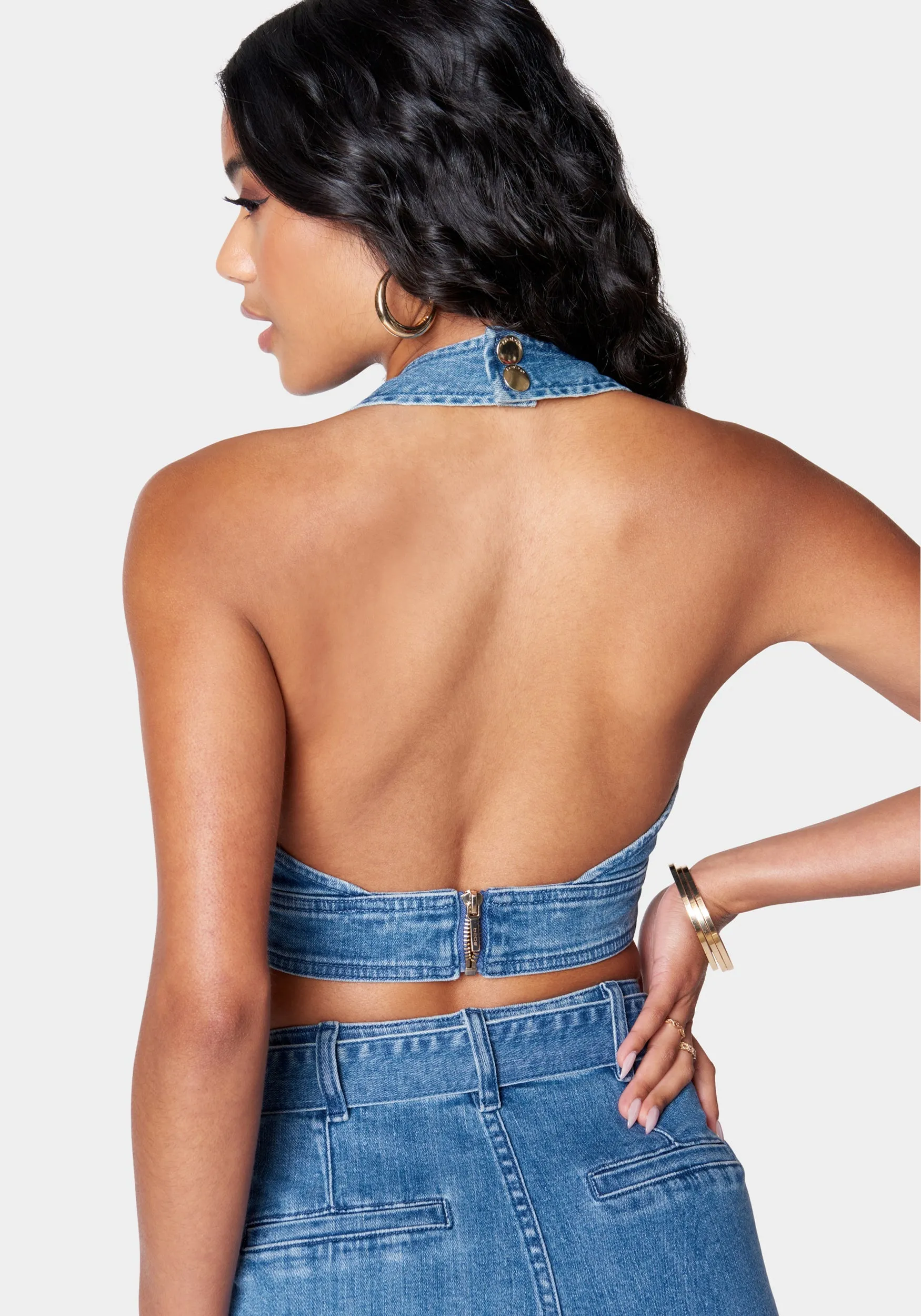 Deep V Neck Cropped Halter Denim Top sold by Bebe product image thumbnail 3