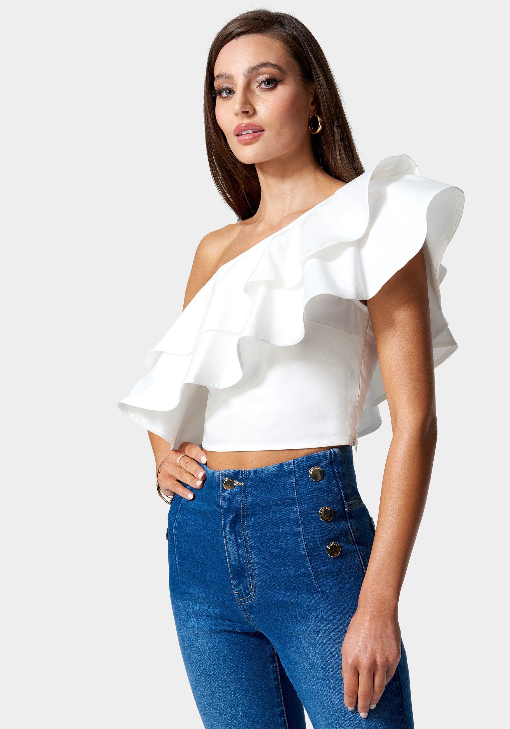 Poplin One Shoulder Ruffle Neck Top sold by Bebe product image thumbnail 2
