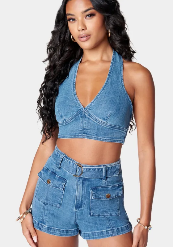 Deep V Neck Cropped Halter Denim Top sold by Bebe