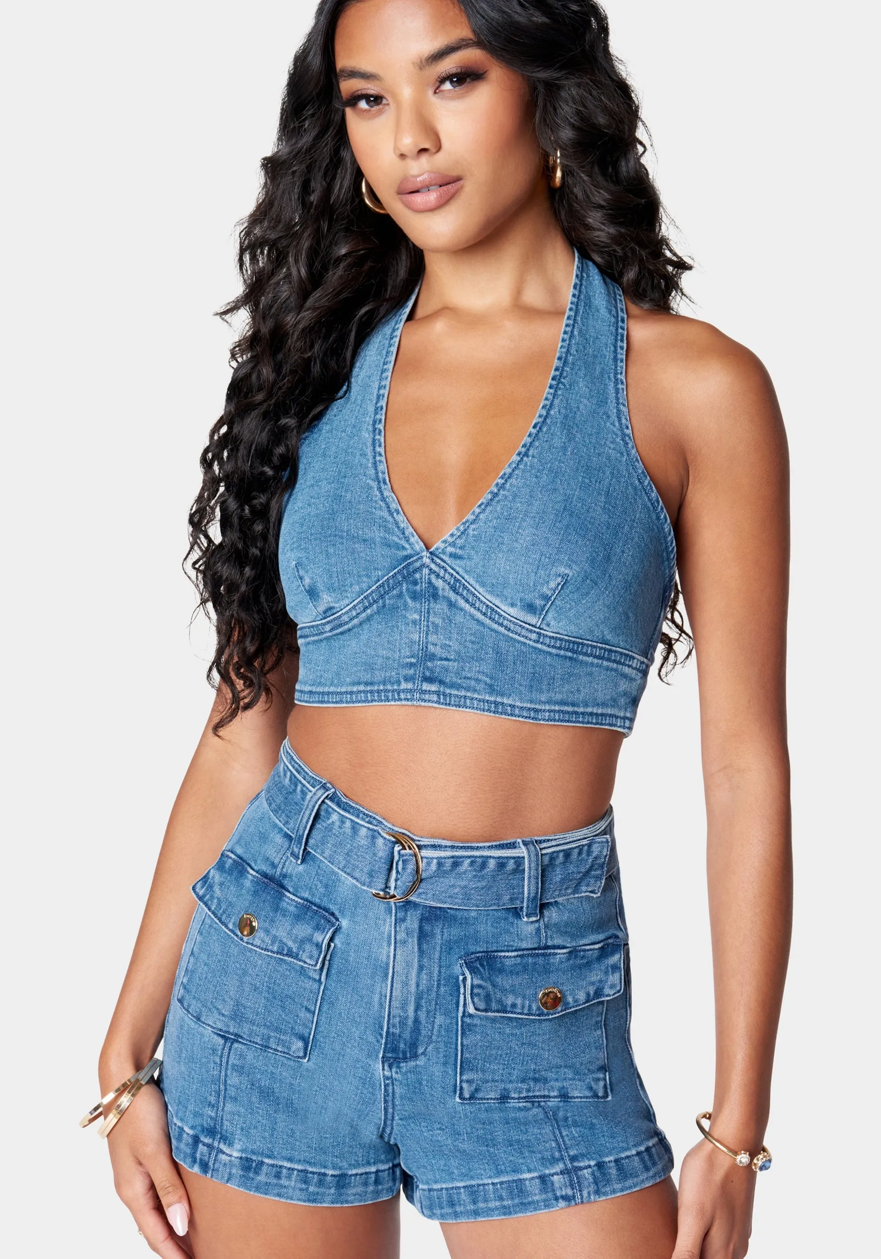 Deep V Neck Cropped Halter Denim Top sold by Bebe