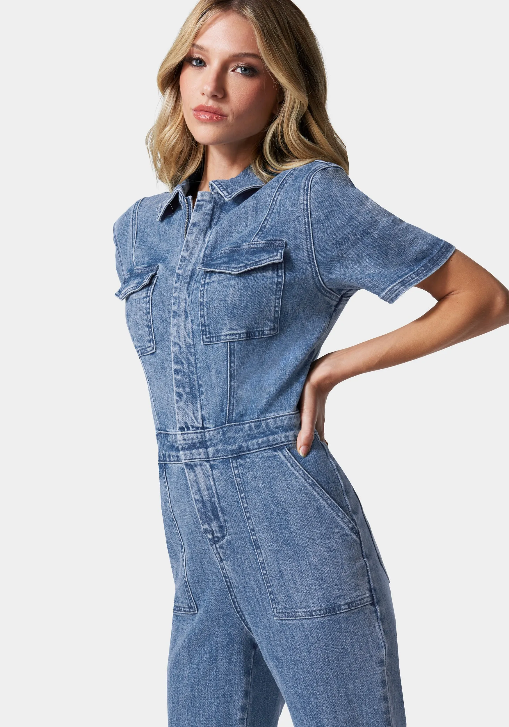 Straight Leg Zip Front Denim Jumpsuit sold by Bebe product image thumbnail 3