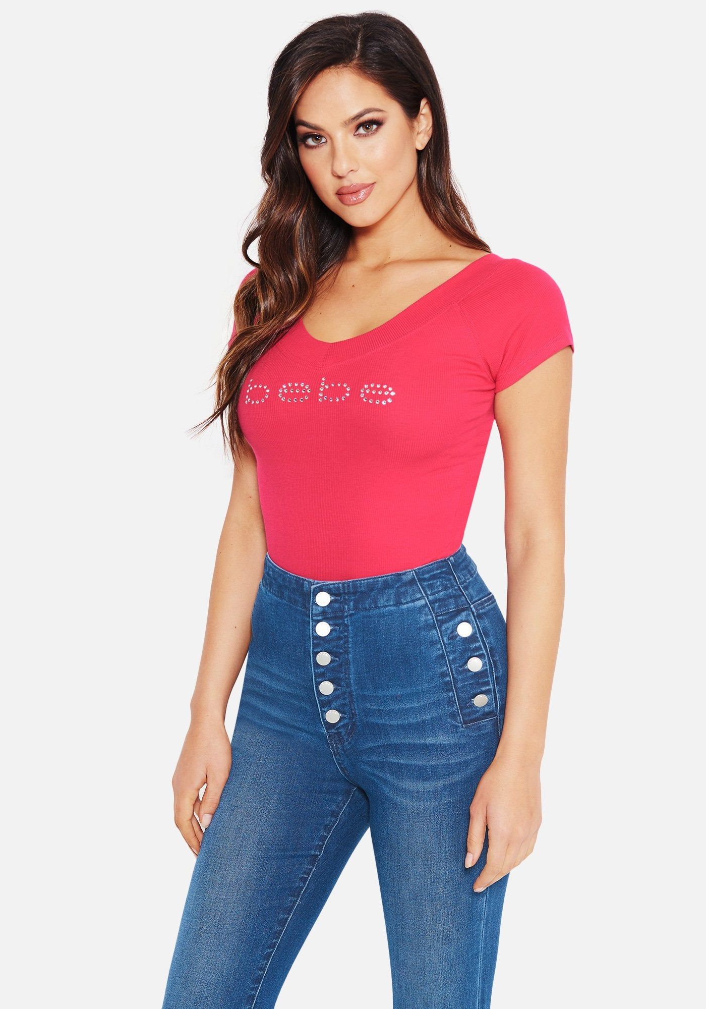 Crystal Logo Double V-Neck Short Sleeve Tee sold by Bebe product image thumbnail 2
