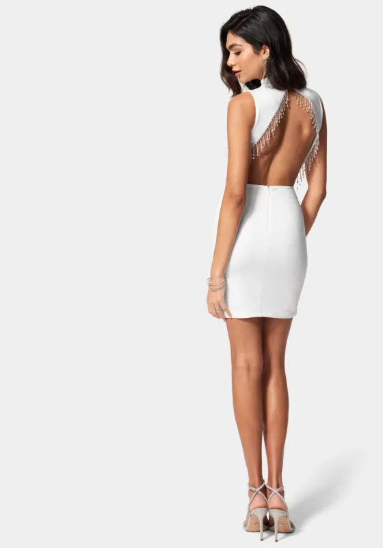 Crystal Fringe Open Back Mini Dress sold by Bebe