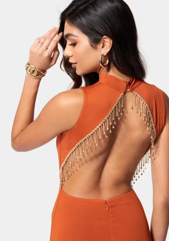 Crystal Fringe Open Back Mini Dress sold by Bebe