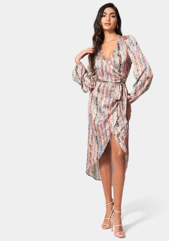 Printed Satin Wrap High Low Dress sold by Bebe