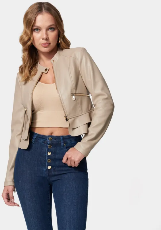 Vegan Leather Zip Front Ruffle Hem Jacket sold by Bebe