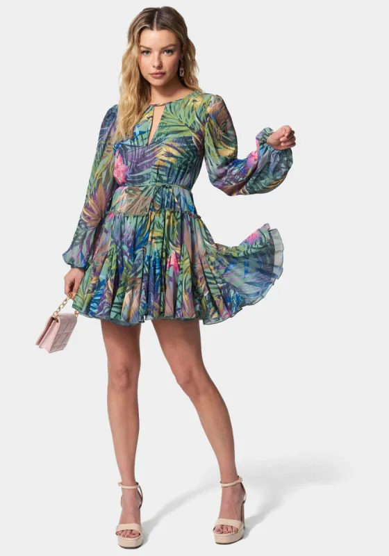 Printed Balloon Sleeve Godet Dress sold by Bebe