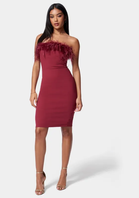 Feather Trim Strapless Midi Dress sold by Bebe