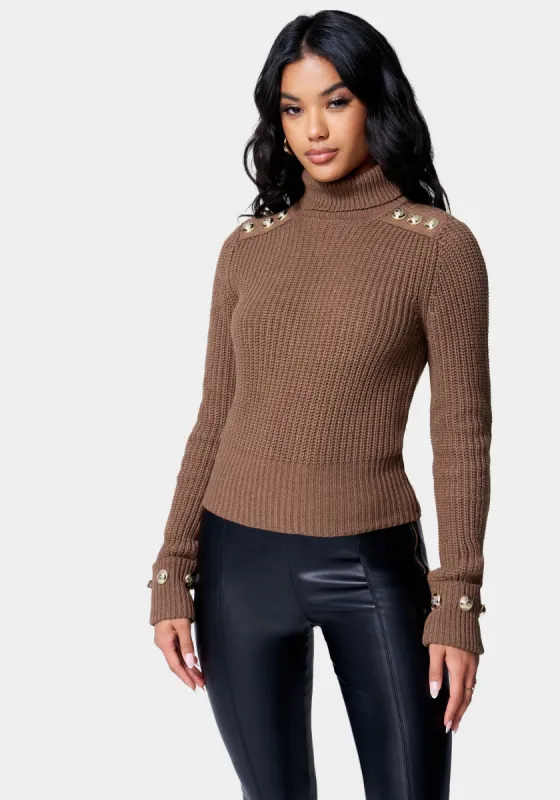 Mock Neck Button Trim Sweater sold by Bebe