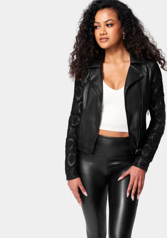 Vegan Leather Embroidered Sleeve Moto Jacket sold by Bebe