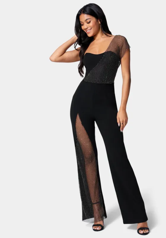 Knit Crepe Rhinestone Wide Leg Jumpsuit sold by Bebe