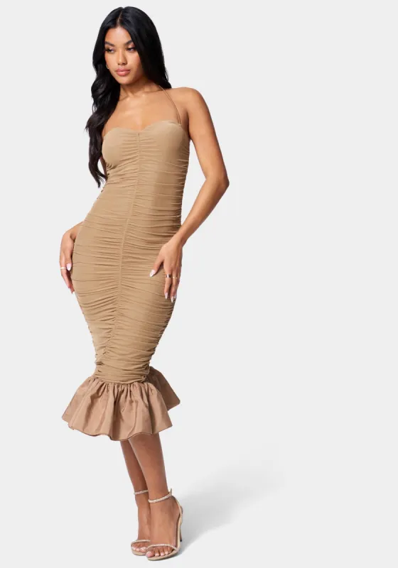 Shirred Flounce Halter Dress sold by Bebe