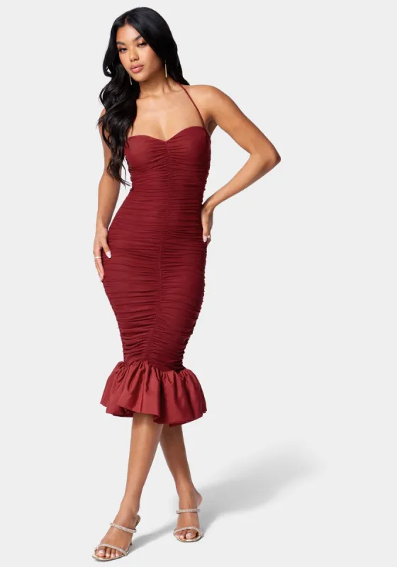 Shirred Flounce Halter Dress sold by Bebe