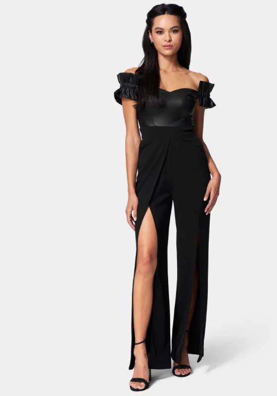 Vegan Leather Off Shoulder Wide Leg Jumpsuit sold by Bebe