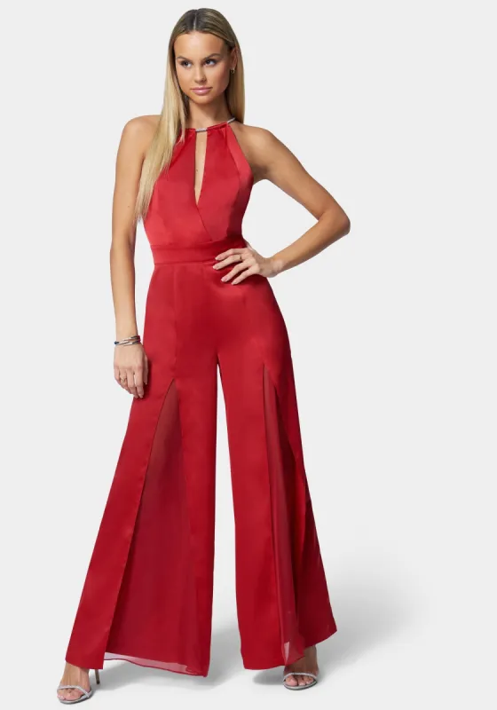 Chiffon Insert Jeweled Halter Jumpsuit sold by Bebe