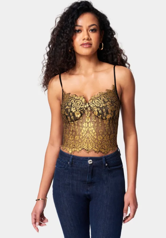 Metallic Foiled Lace Bustier Top sold by Bebe