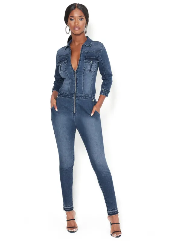 Denim Zip Skinny Jumpsuit sold by Bebe