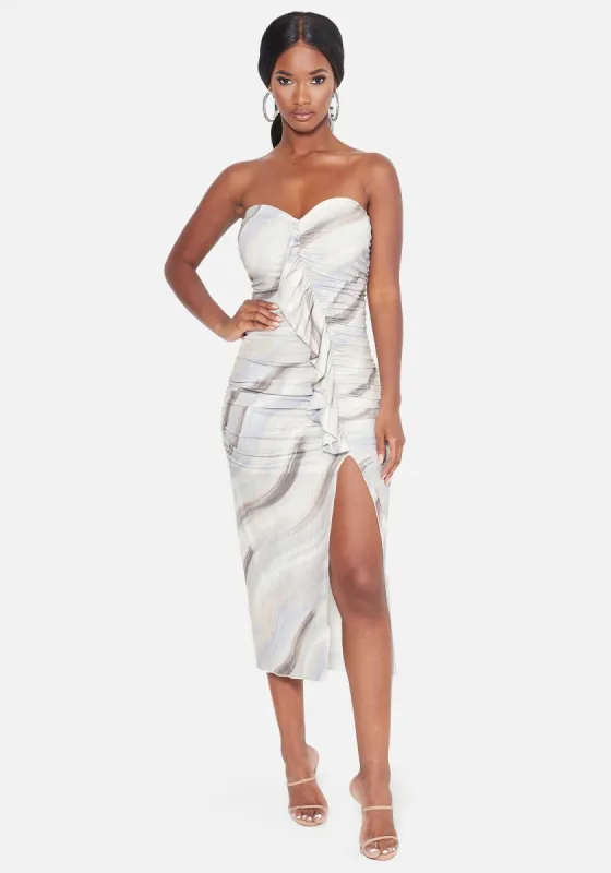 Print Strapless Midi Dress sold by Bebe