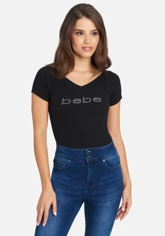 Crystal Logo Double V-Neck Short Sleeve Tee sold by Bebe