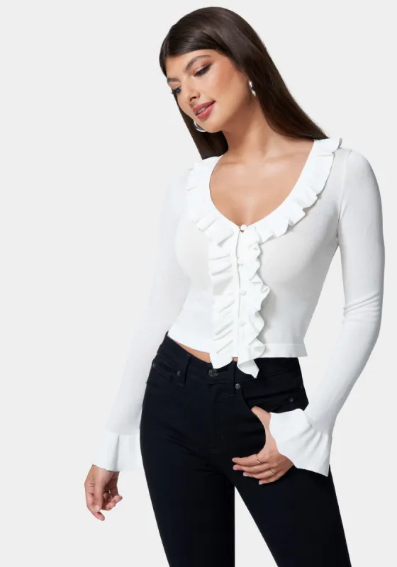 Ruffle Cropped Sweater Cardigan sold by Bebe