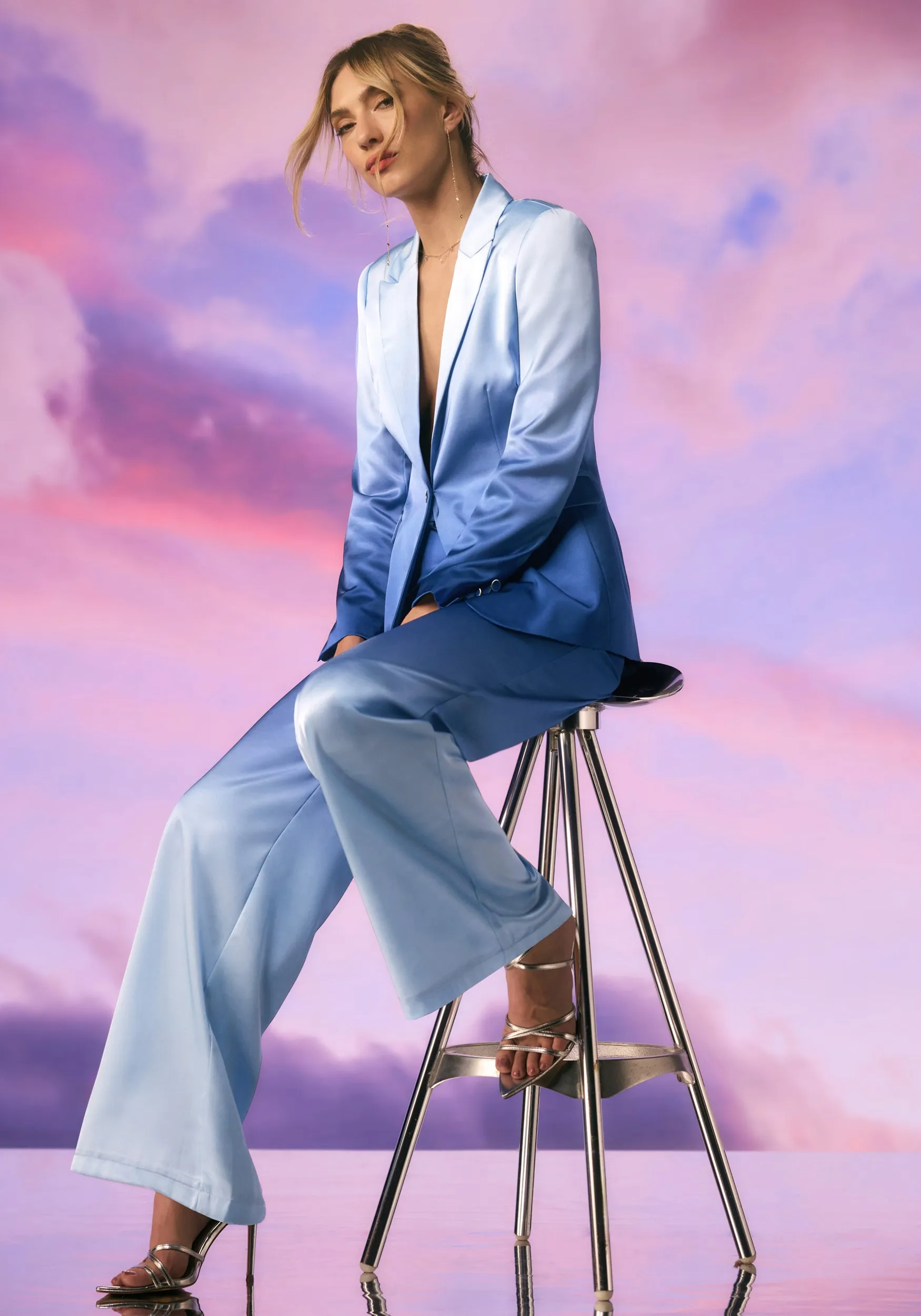 Ombre Satin High Waist Belted Palazzo Pant sold by Bebe