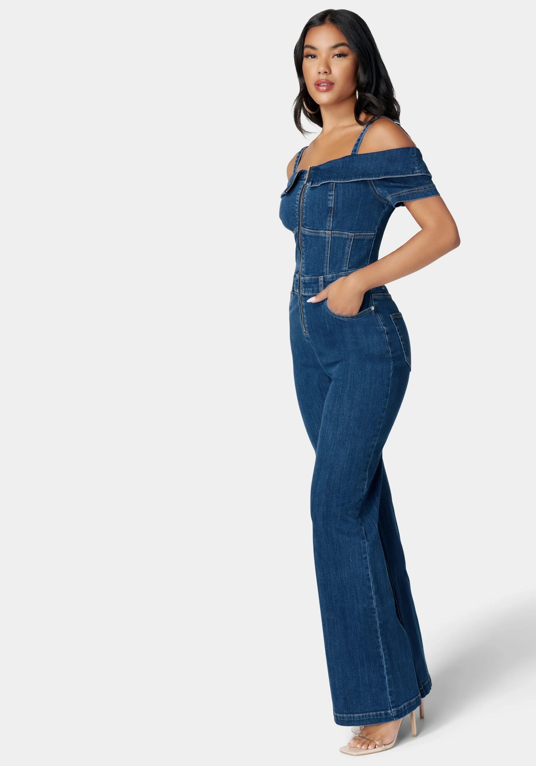 Off Shoulder Zip Front Wide Leg Denim Jumpsuit sold by Bebe product image thumbnail 2
