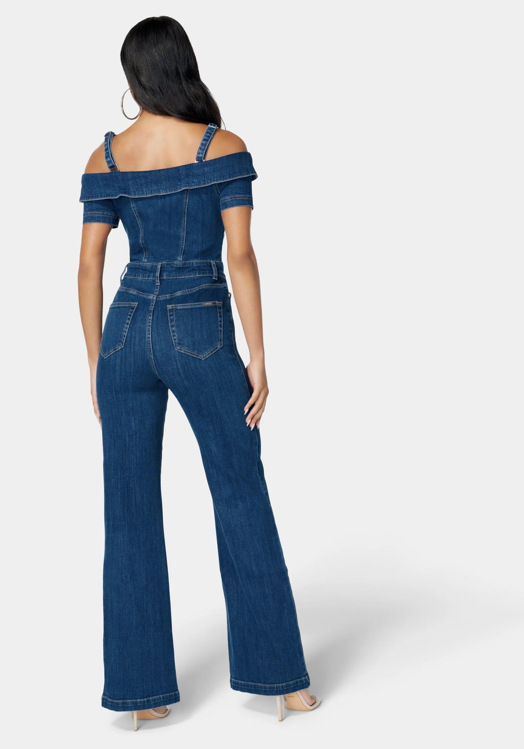 Off Shoulder Zip Front Wide Leg Denim Jumpsuit sold by Bebe product image thumbnail 3