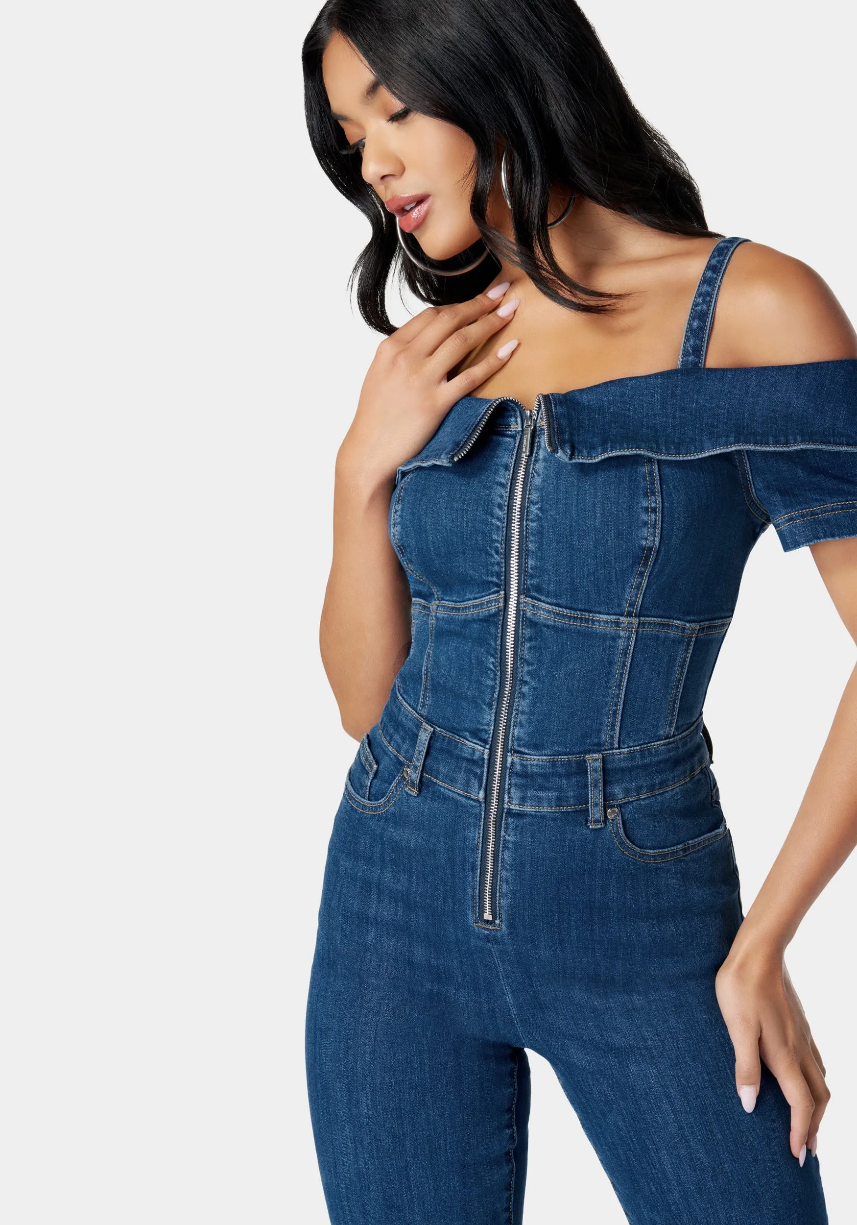Off Shoulder Zip Front Wide Leg Denim Jumpsuit sold by Bebe product image thumbnail 4