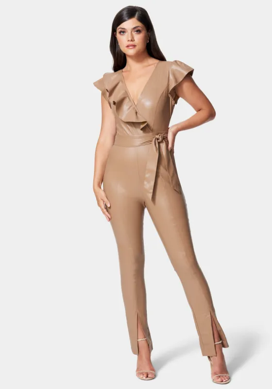Vegan Leather Ruffle Jumpsuit sold by Bebe