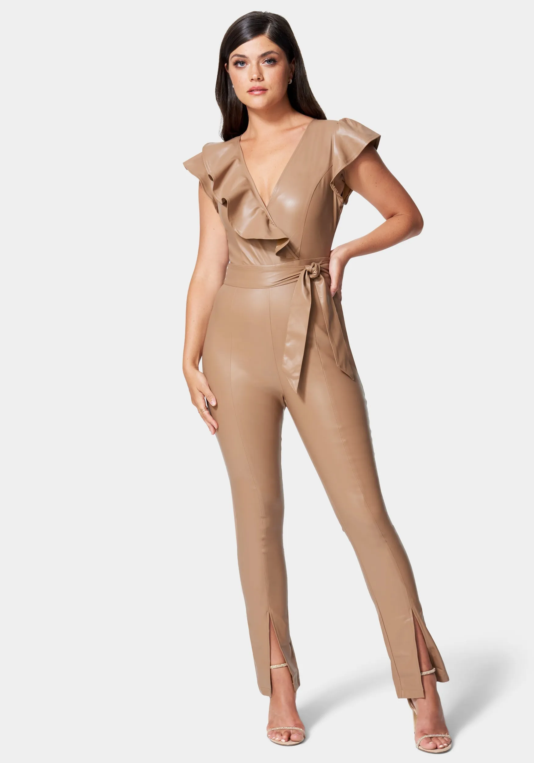 Vegan Leather Ruffle Jumpsuit sold by Bebe