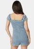 Front Zip Sweetheart Neckline Denim Romper sold by Bebe