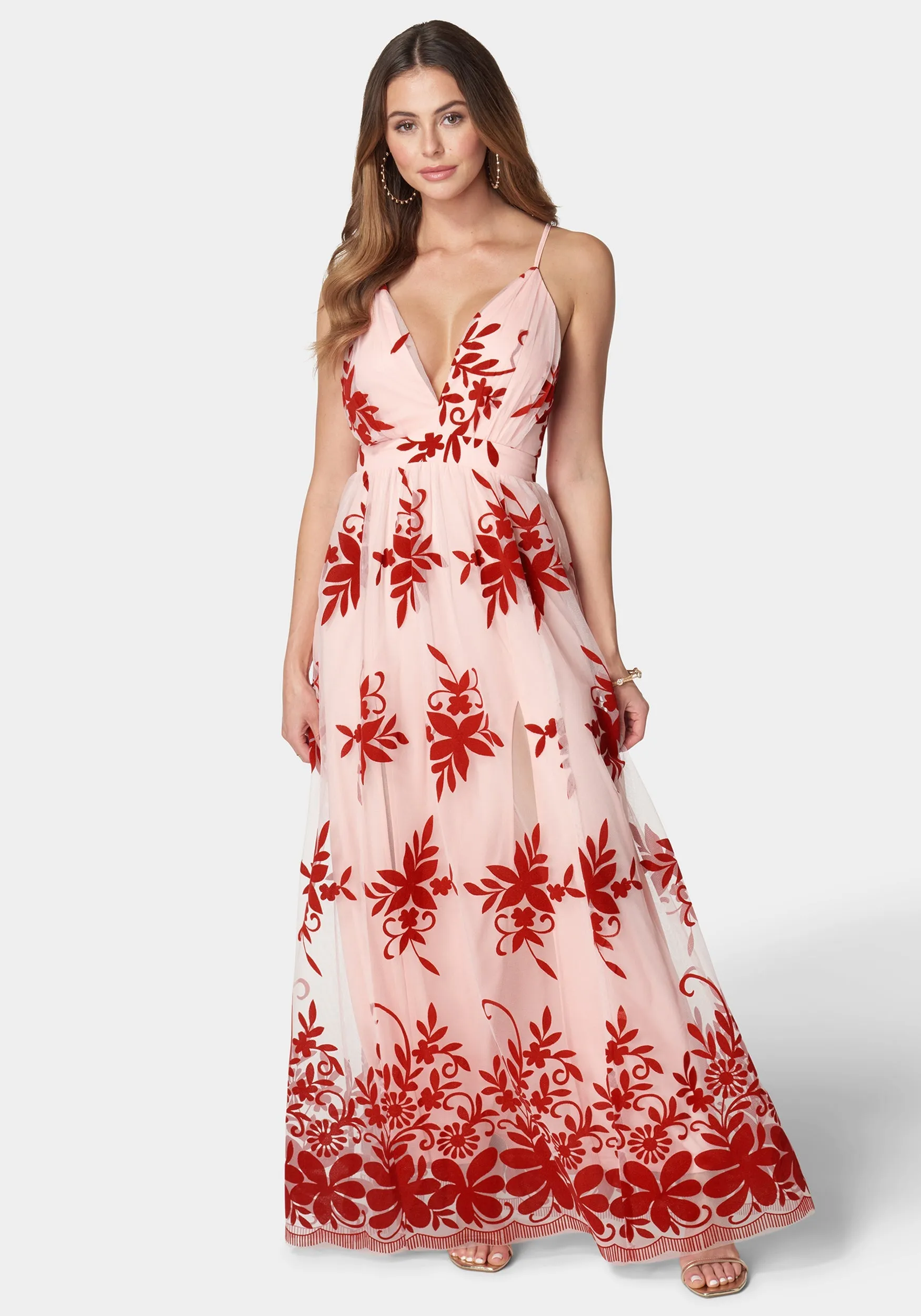 Plunge Neck Embroidered Maxi Dress sold by Bebe