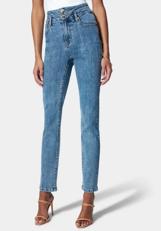 Double Tab Waist Slim Leg Jean sold by Bebe