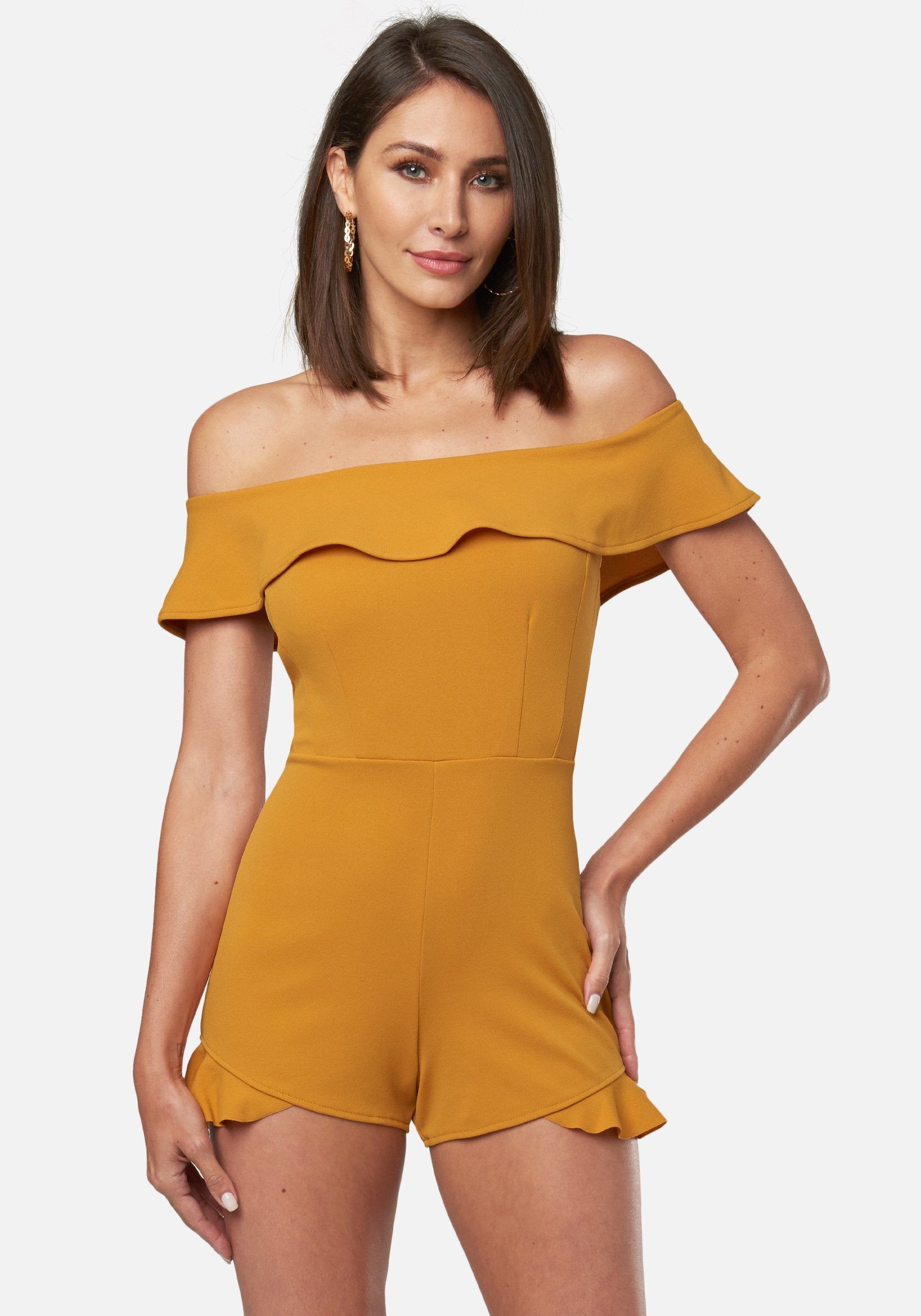 Ruffled Off Shoulder Romper sold by Bebe
