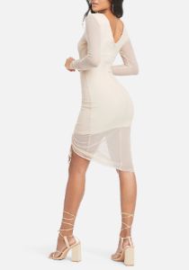 Long Sleeve Mesh Ruched Dress sold by Bebe