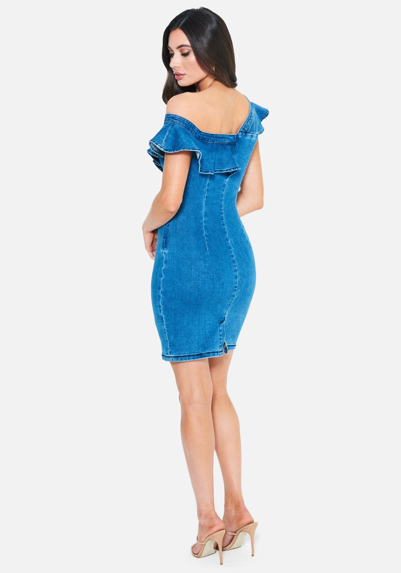 Denim One Shoulder Ruffle Dress sold by Bebe product image thumbnail 3