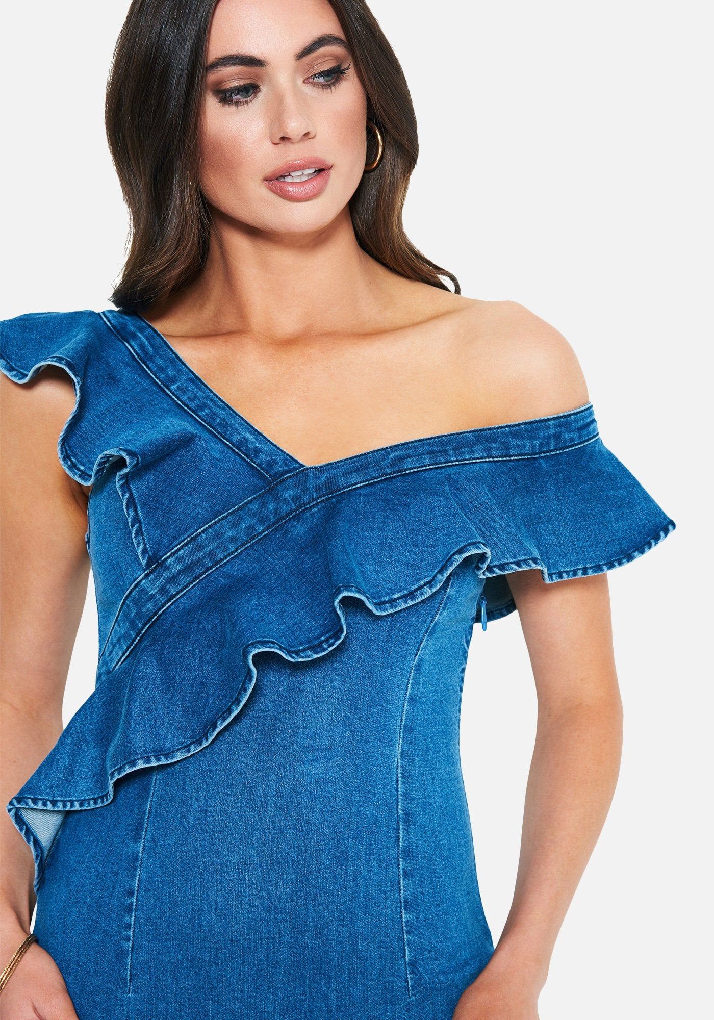 Denim One Shoulder Ruffle Dress sold by Bebe product image thumbnail 4