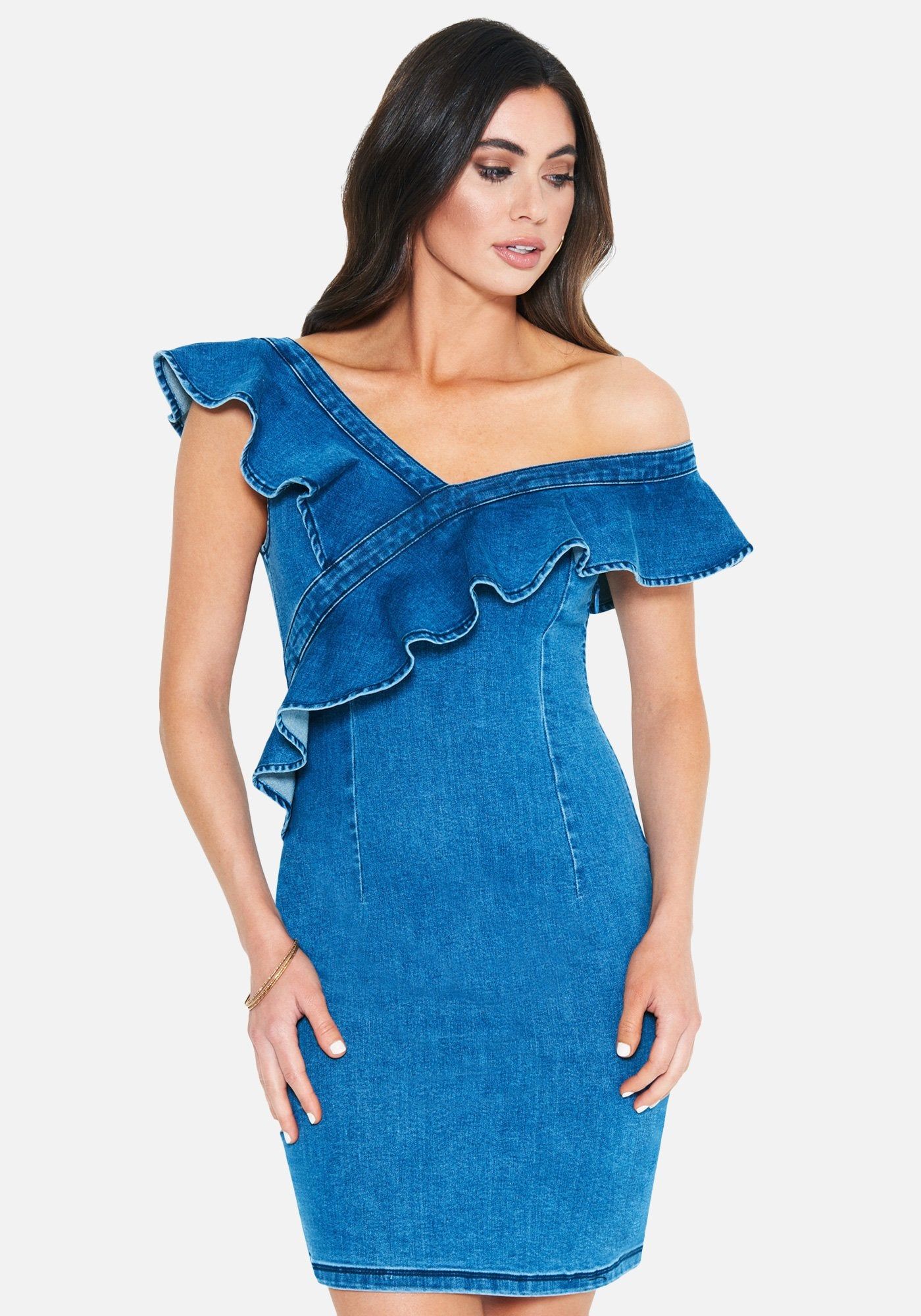 Denim One Shoulder Ruffle Dress sold by Bebe