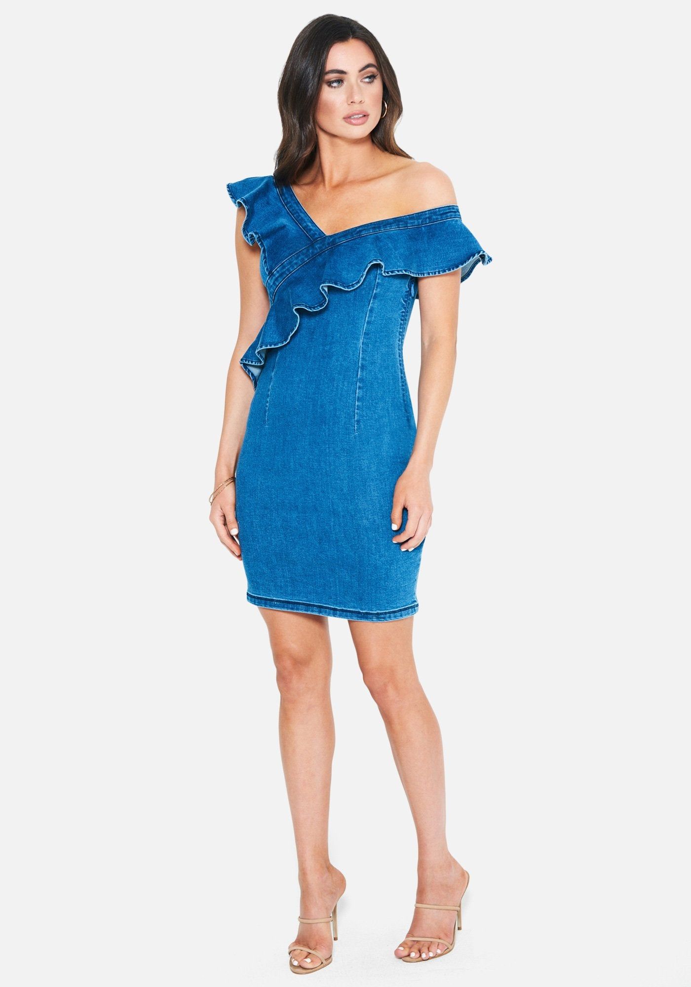 Denim One Shoulder Ruffle Dress sold by Bebe product image thumbnail 2