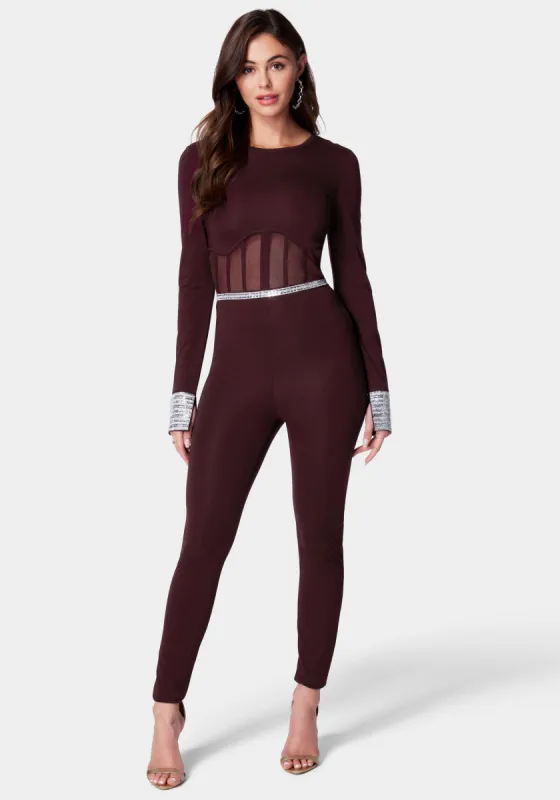 Embellished Corset Detail Catsuit sold by Bebe