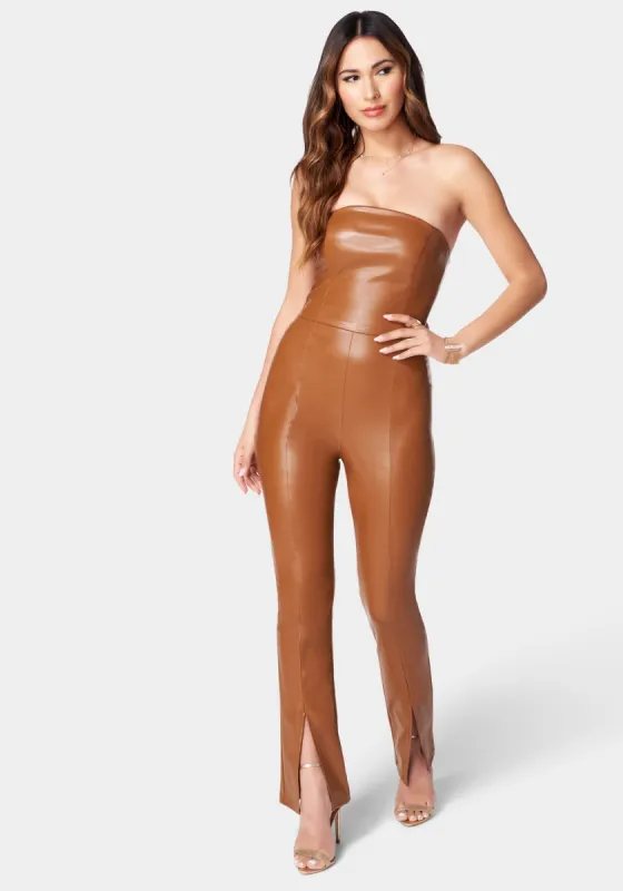 Split Hem Strapless Vegan Leather Jumpsuit sold by Bebe