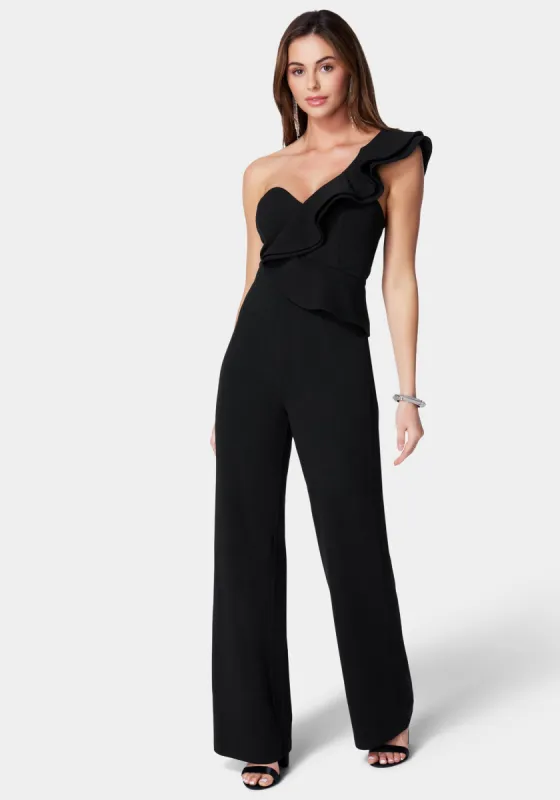 One Shoulder Ruffle Crepe Jumpsuit sold by Bebe
