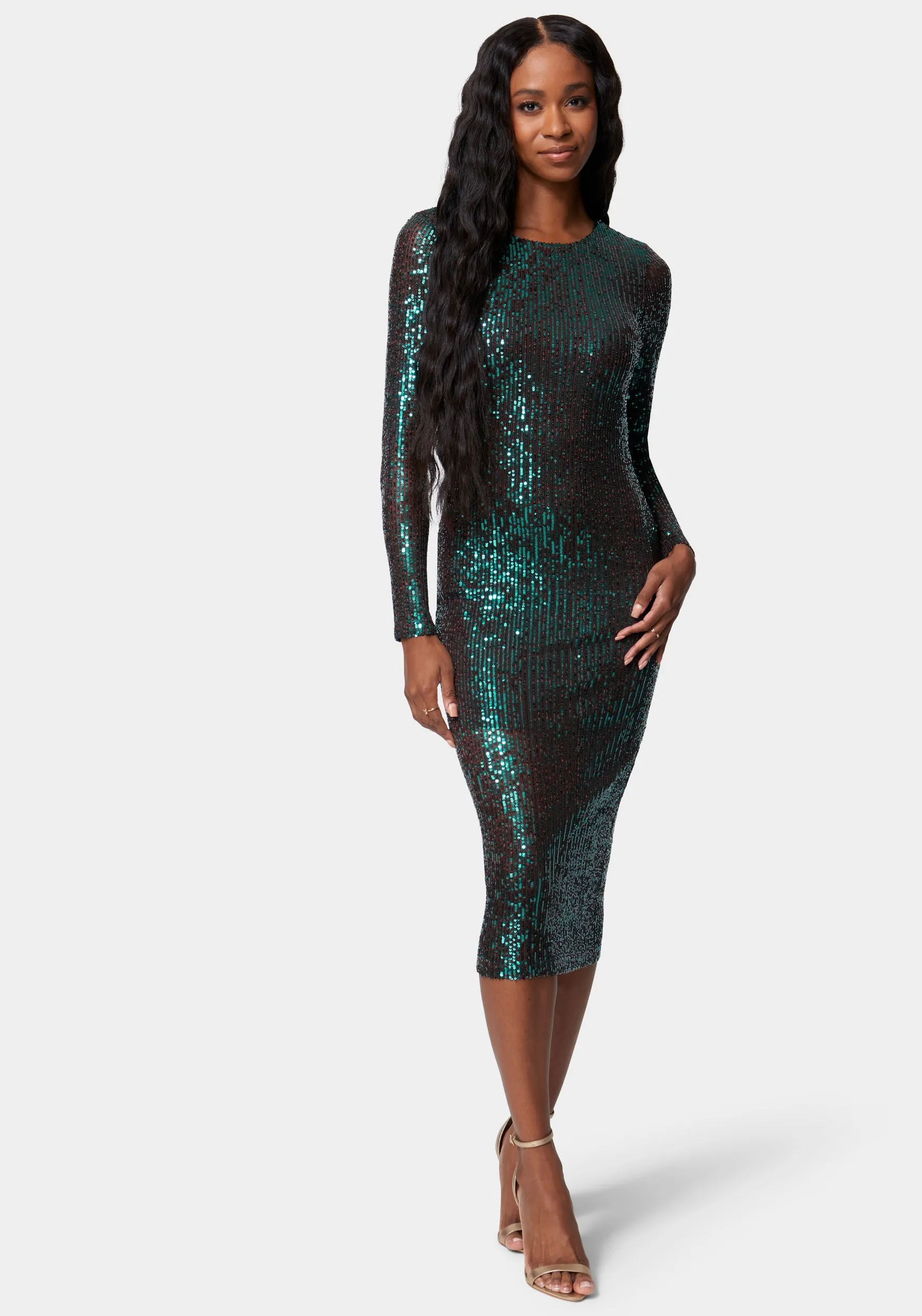 Sequin Cowl Back Midi Dress sold by Bebe