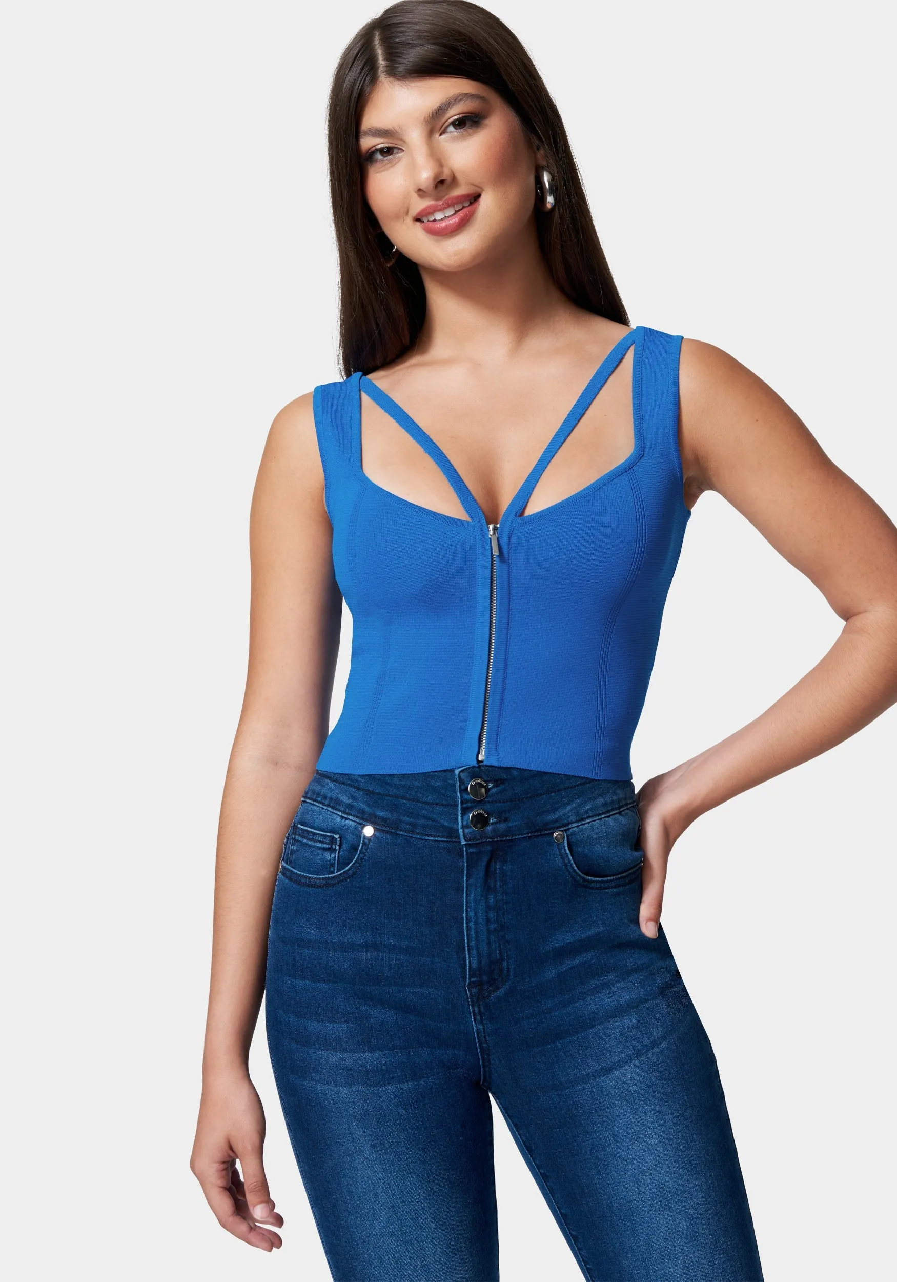 Zip Front Corset Sweater Top sold by Bebe