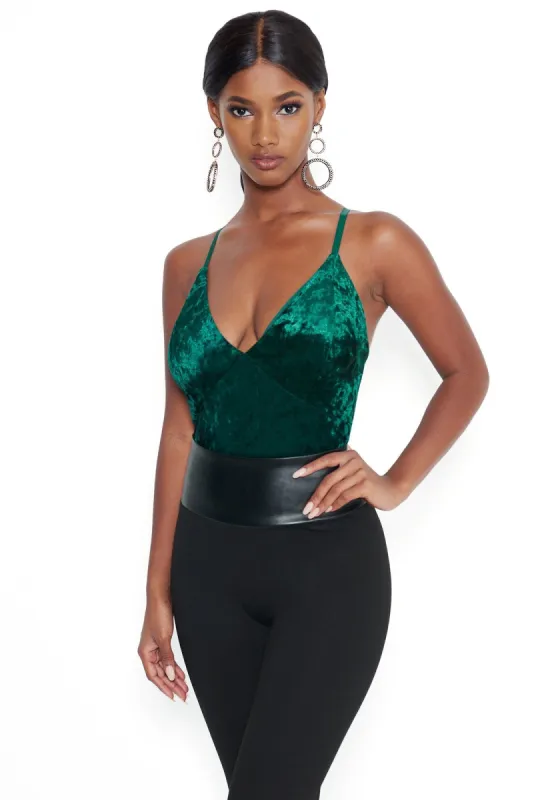 Crushed Velvet Plunge Bodysuit sold by Bebe