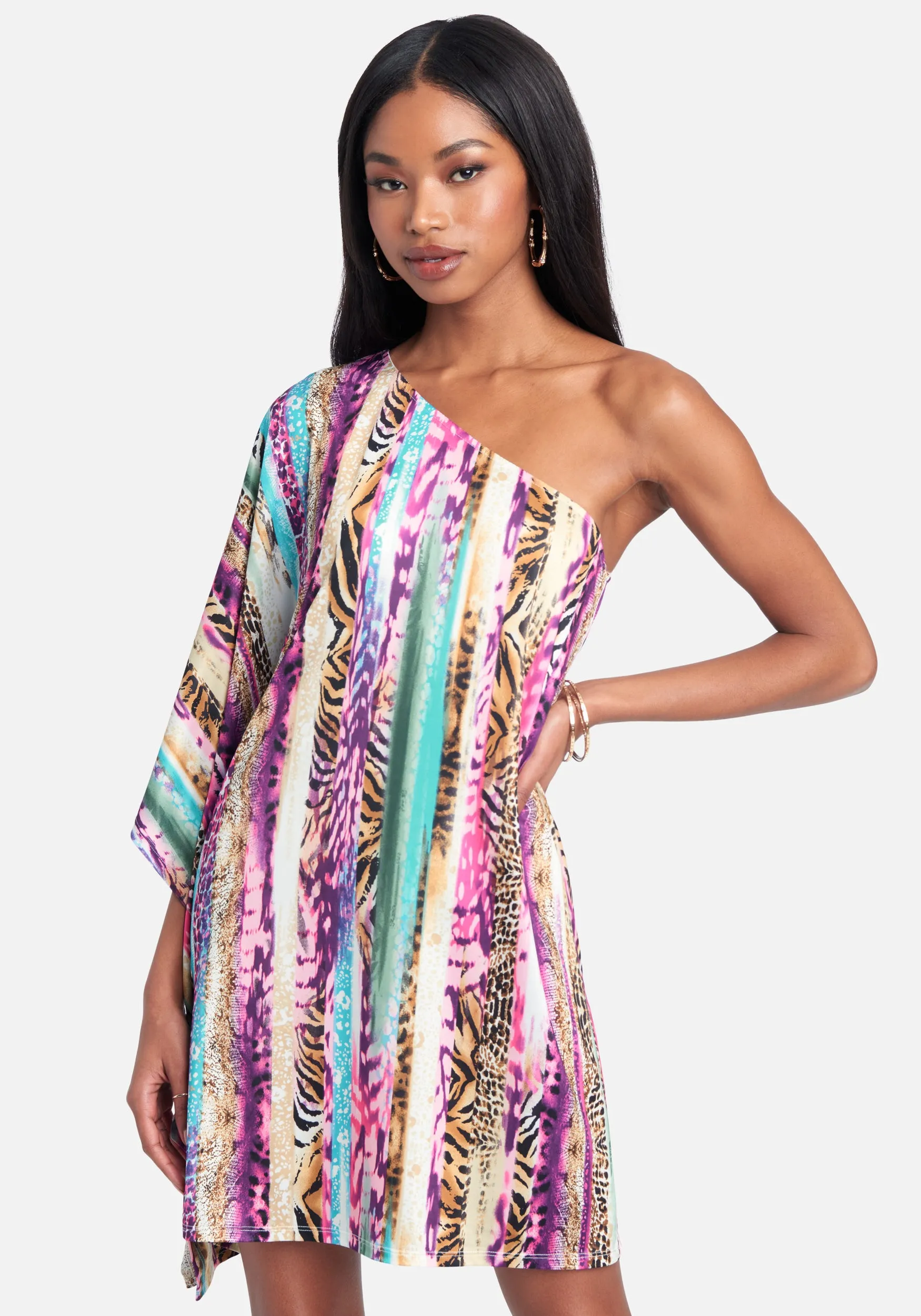 One Shoulder Printed Flowy Dress sold by Bebe