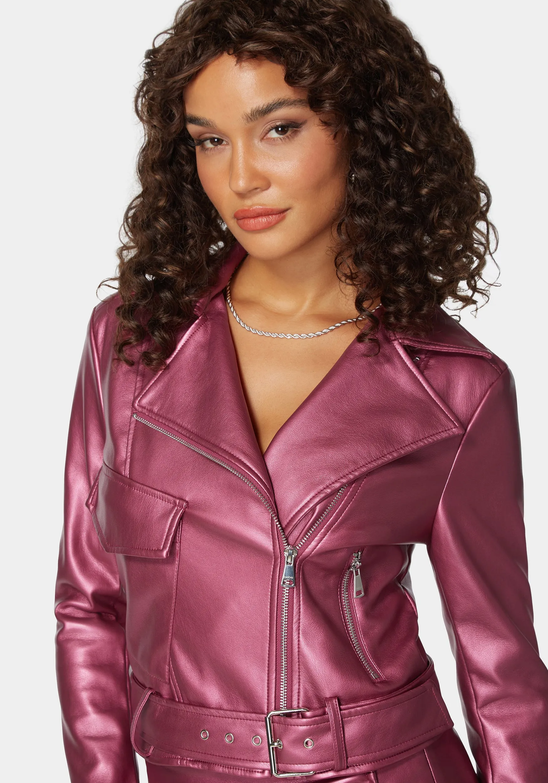 Metallic Vegan Leather Zipper Detail Moto Jacket sold by Bebe product image thumbnail 4